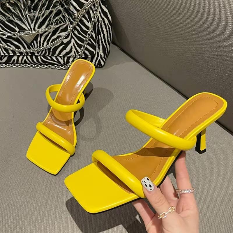 Yellow White Thin Heels Slippers Sandals For Women