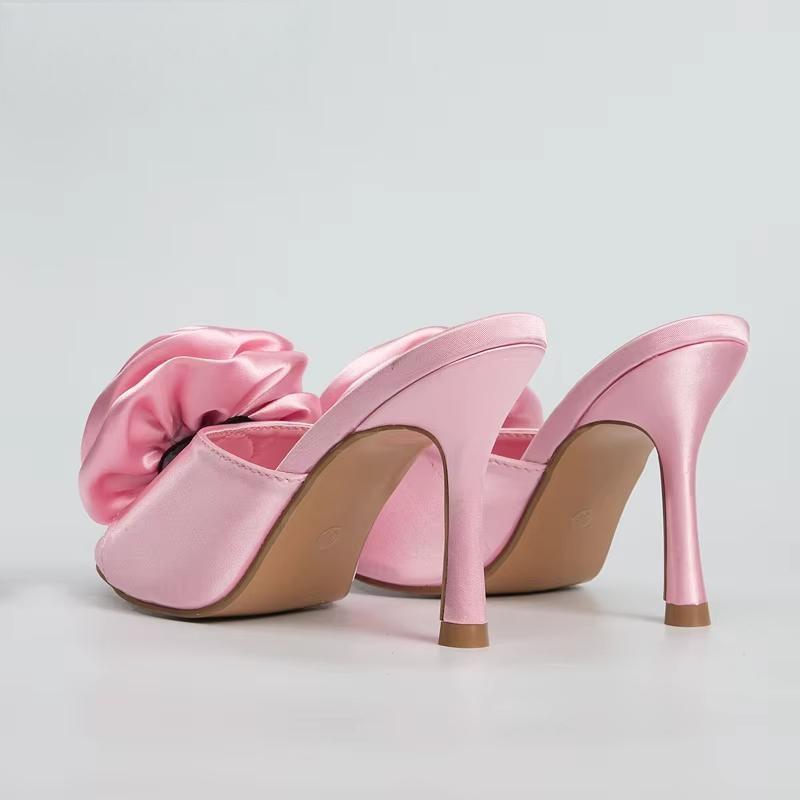 Silk Flower Peep Toe High Heel Slipper Mule Slides For Women