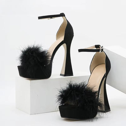 Faux Fur Chunky High Heels Sandals