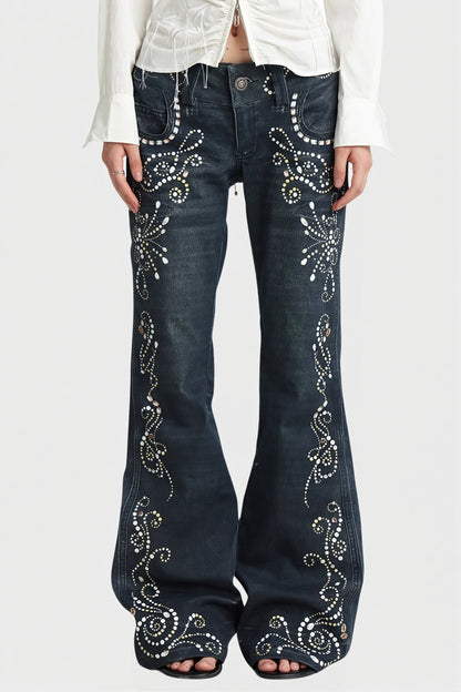 Ornate Scroll Print Washed Flare Jeans