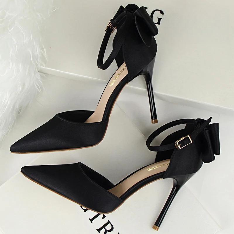 Satin Bow-Knot High Heels Women Pumps For Sexy Wedding Stiletto Black-10Cm / 35