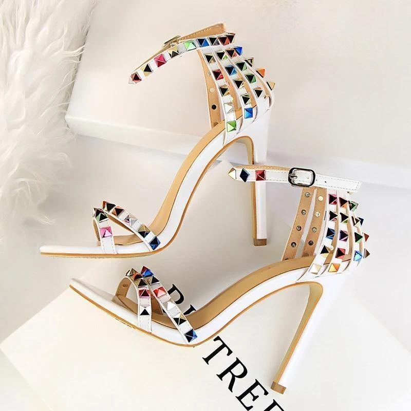 Rivets Women Sandals Roman Style Heeled White / 34