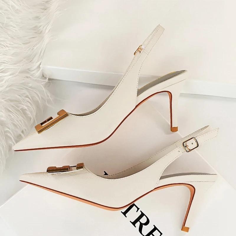 Metal Square Buckle High Heel Stiletto Pumps For Women Pointed Toe Sexy Party Shoes White-7Cm / 34