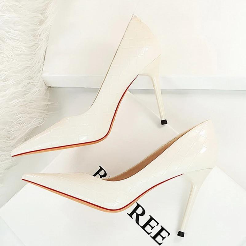Woven Pattern Patent Leather Woman Pumps High Heels White / 34
