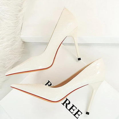 Woven Pattern Patent Leather Woman Pumps High Heels White / 34