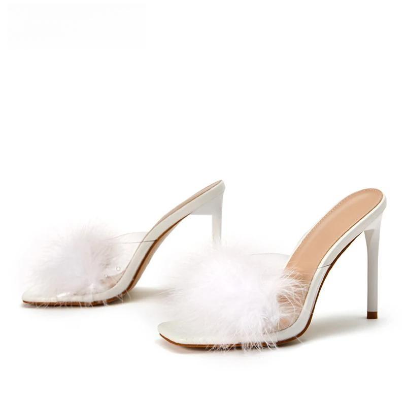 Feather Thin Heels Fur Pvc Slippers Sandals For Women
