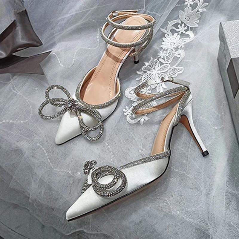 Glitter Rhinestones Silk Women Pumps With Crystal Bowknot - Spring Autumn Lady High Heels White / 35