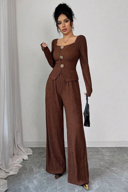 Rose Button Square Neck Top Wide Leg Pants Two Piece Set