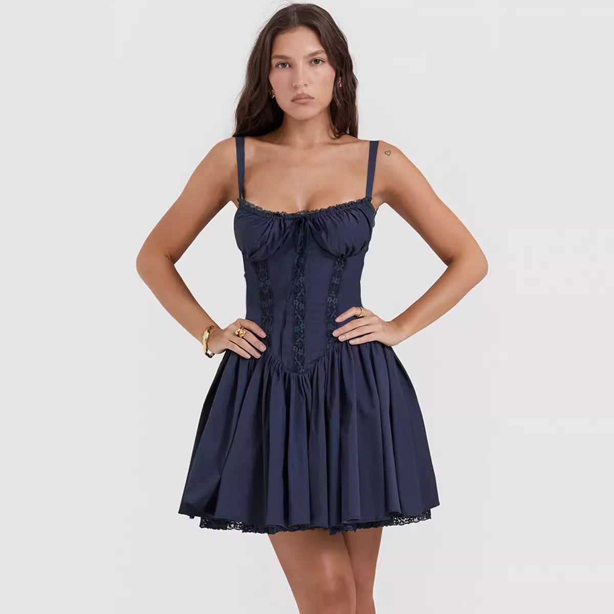 Juliette Lace Suspender Dress Navy Blue / L