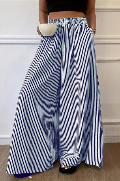 Vertical Stripe Elastic Waist Wide Leg Pants