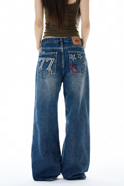 Star Embroidered Vintage Straight Leg Jeans
