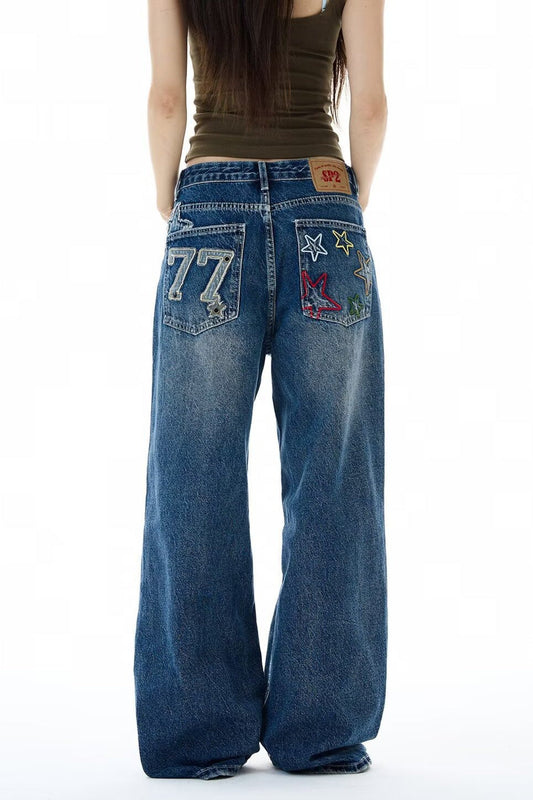 Star Embroidered Vintage Straight Leg Jeans