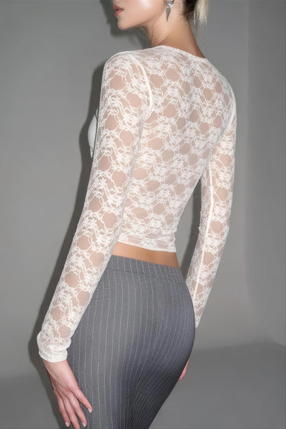 Floral Lace Square Neck Long Sleeved T-shirts