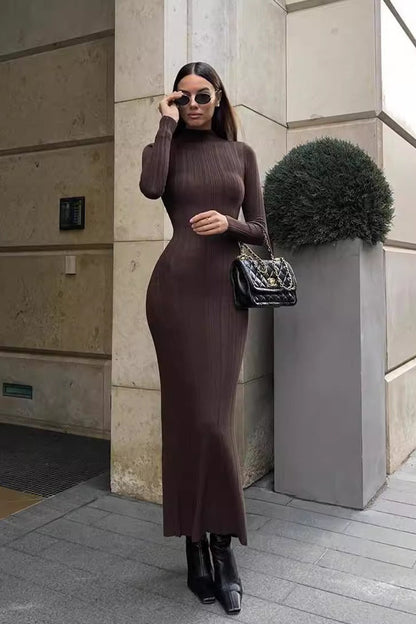 Turtleneck Striped Knit Slim-Fit Long Sleeve Sweater Dress