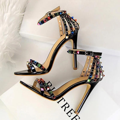Rivets Women Sandals Roman Style Heeled Black / 34