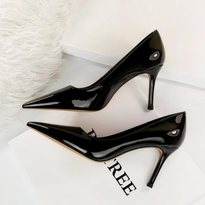 Patent Leather Pointed Toe Stiletto Pumps For Women Office Wear 272-2-Black / 34