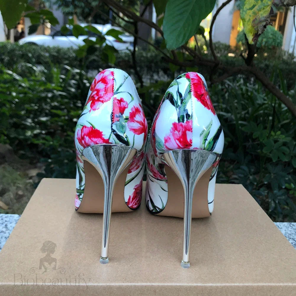 11Cm Metal High Heel Women Floral Pointy Toe Stilettos Shoes For Summer