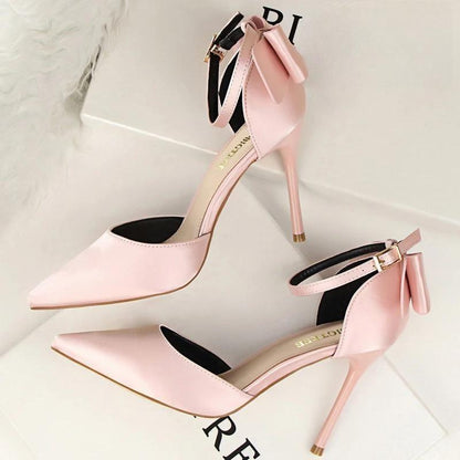 Satin Bow-Knot High Heels Women Pumps For Sexy Wedding Stiletto Pink-10Cm / 35