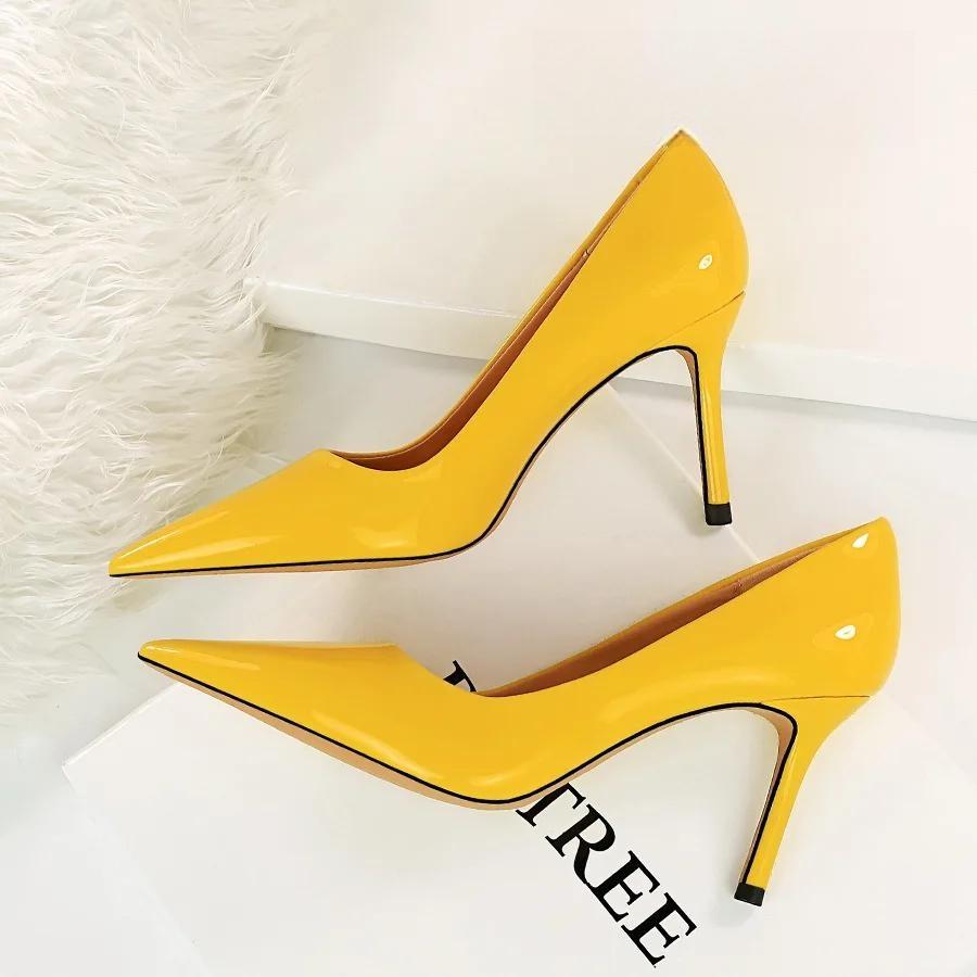 Patent Leather Pointed Toe Stiletto Pumps For Women Office Wear 272-2-Yellow / 34