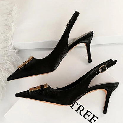 Metal Square Buckle High Heel Stiletto Pumps For Women Pointed Toe Sexy Party Shoes Black-7Cm / 34