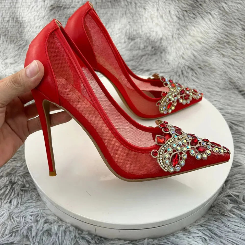 12Cm High Heels Rhinestones Sexy Patchwork Red Mesh Gauze Pointy Toe Stiletto