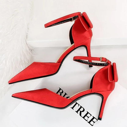 Satin Bow-Knot High Heels Women Pumps For Sexy Wedding Stiletto Red-8Cm / 35