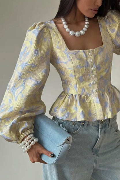 Floral Jacquard Square Neck Peplum Blouse