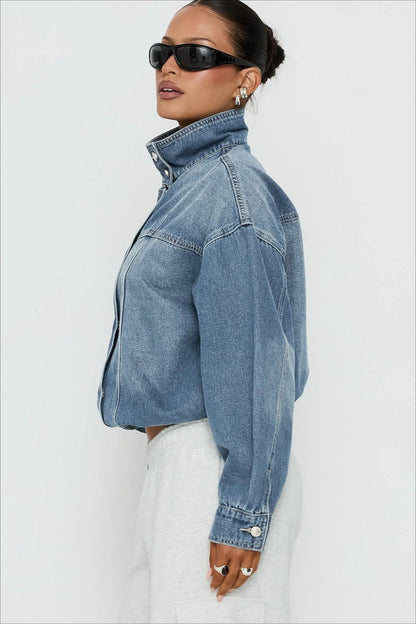 Cropped High Neck Denim Jacket