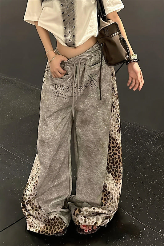 Leopard Panel Drawstring Wide Leg Pants