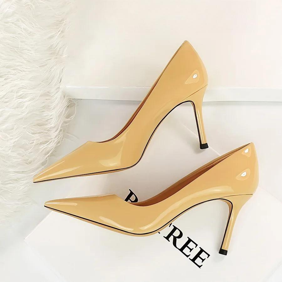 Patent Leather Pointed Toe Stiletto Pumps For Women Office Wear 272-Apricot / 34