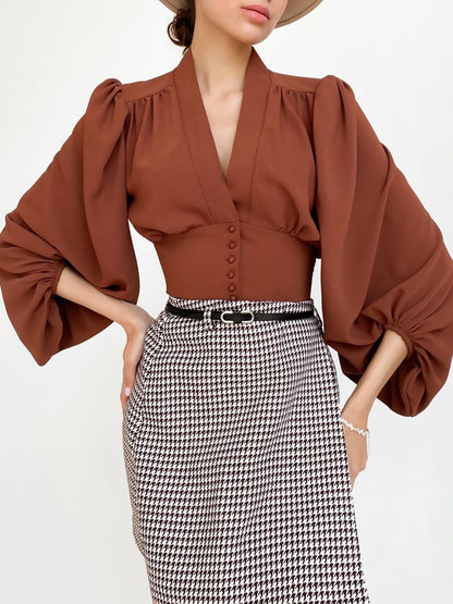 Vintage Lantern Sleeve V-Neck Slim Fit Blouse