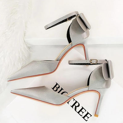 Satin Bow-Knot High Heels Women Pumps For Sexy Wedding Stiletto Slivery Gray-8Cm / 35