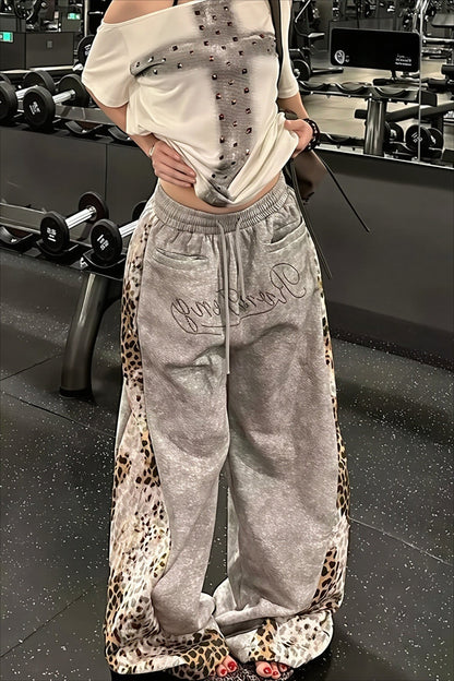 Leopard Panel Drawstring Wide Leg Pants