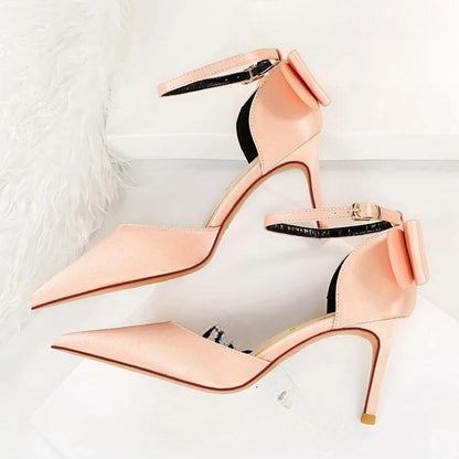 Satin Bow-Knot High Heels Women Pumps For Sexy Wedding Stiletto Pink-8Cm / 35