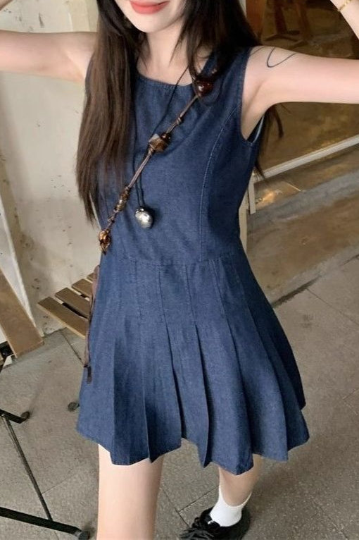 Sleeveless Pleated Denim Dress