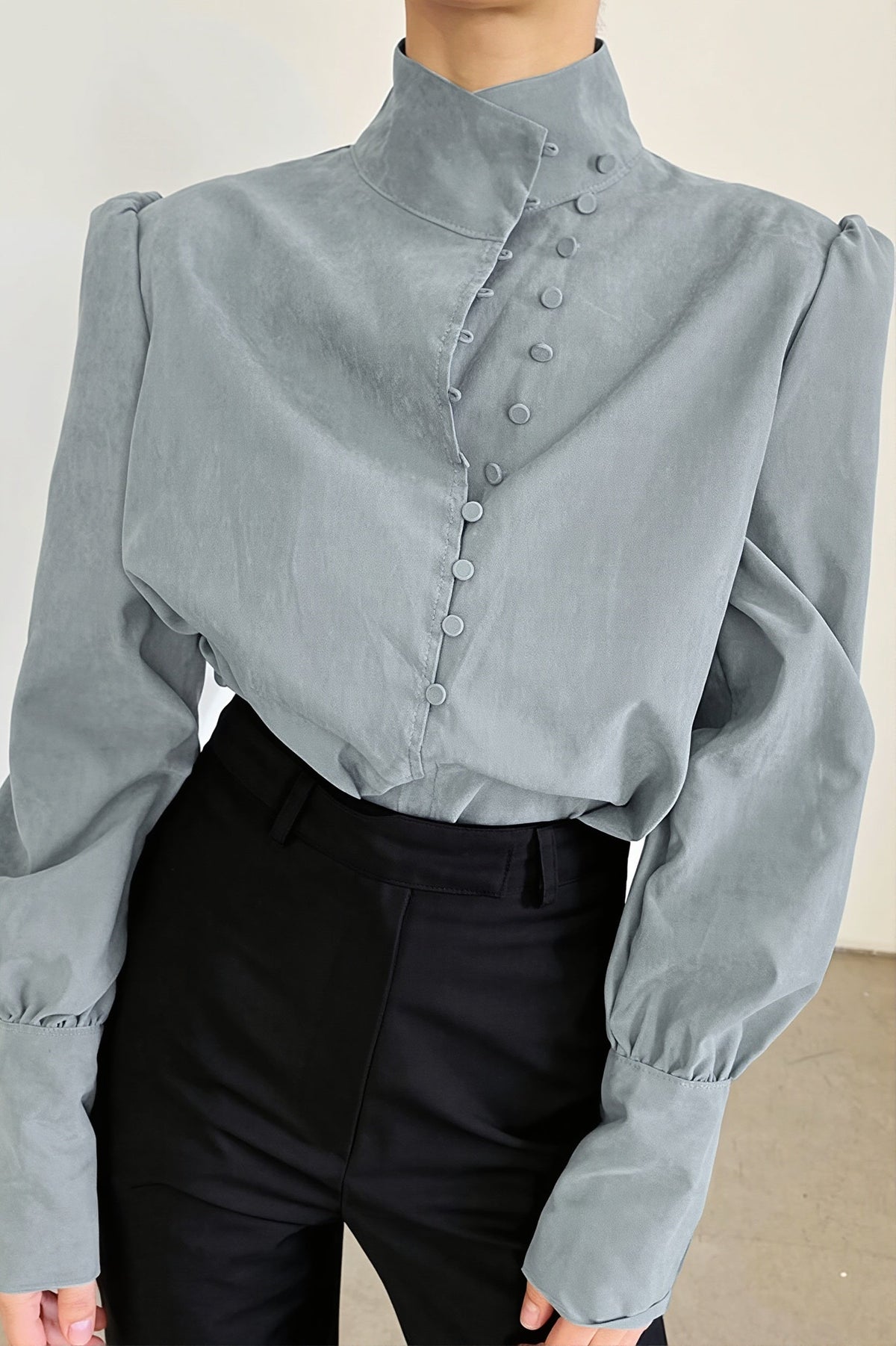 Stand Collar Asymmetric Button Blouse