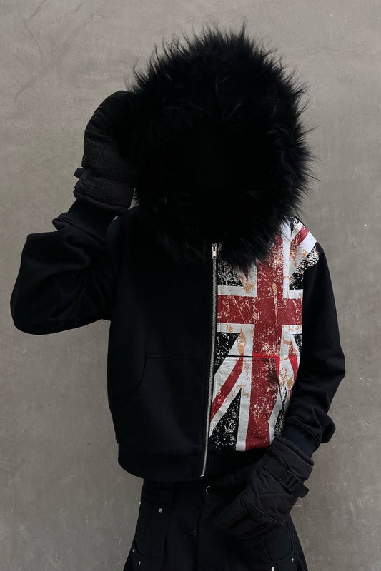 Faux Fur Union Jack Fleece Lined Hoodie