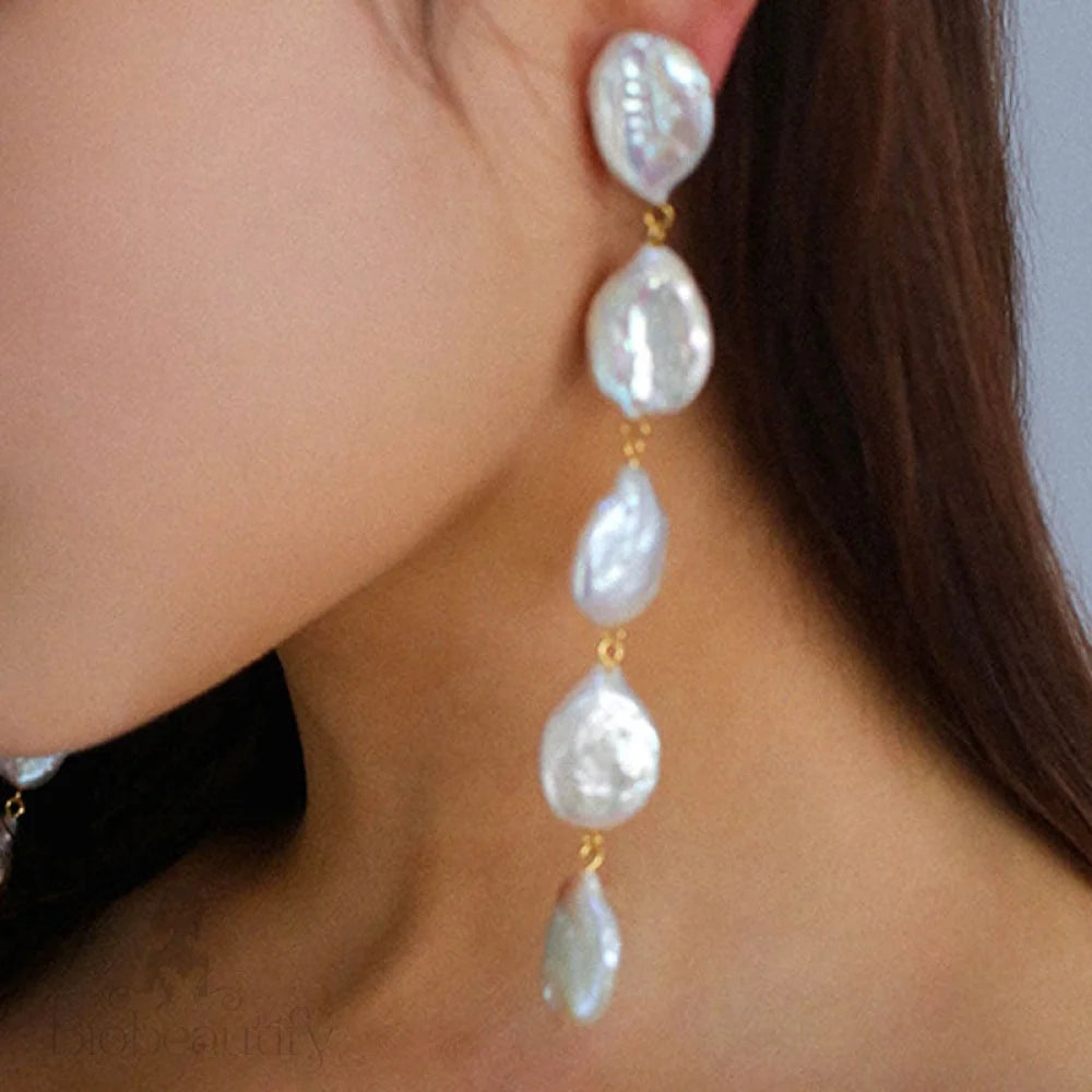 18K Gold Plated Long Baroque Pearl Drop Earrings White / One Size