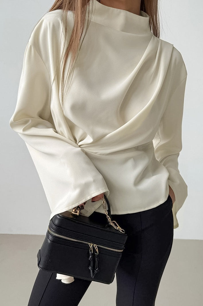 Chiffon Tie Waist Stand Collar Long Sleeve Tee
