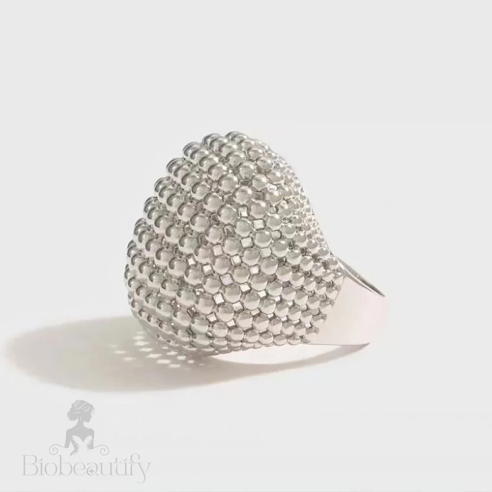 19C Metallic Rhodium Plated Textured Half Mesh Sphere Ring Silver / 6