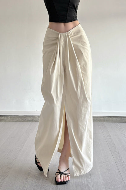 Knotted Waist Solid High-Slit Bodycon Skirt