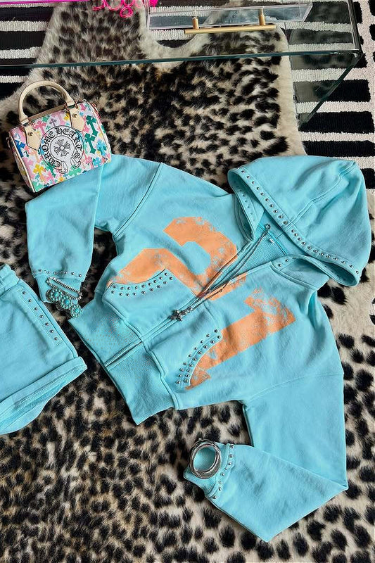 Studded Cropped Contrast Print Zip-Up Hoodie