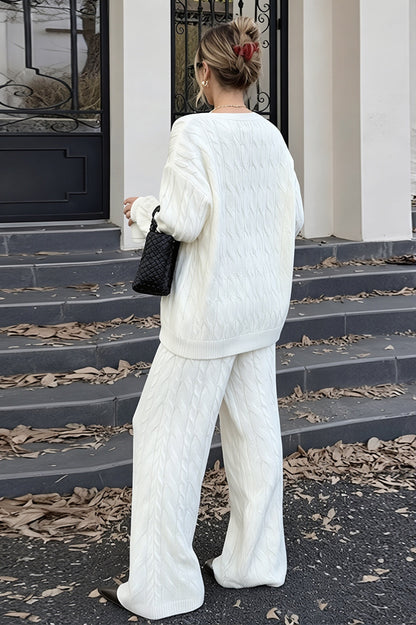 Solid Cable Knit V Neck Sweater Pants Set