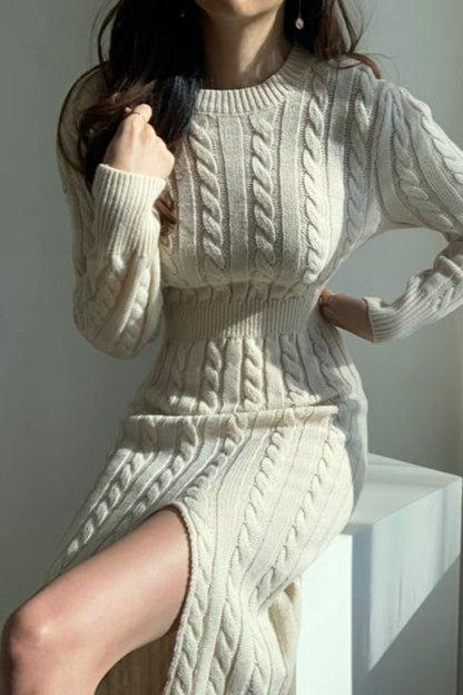 Ribbed Reversible Crewneck Split Hem Sweater Dress