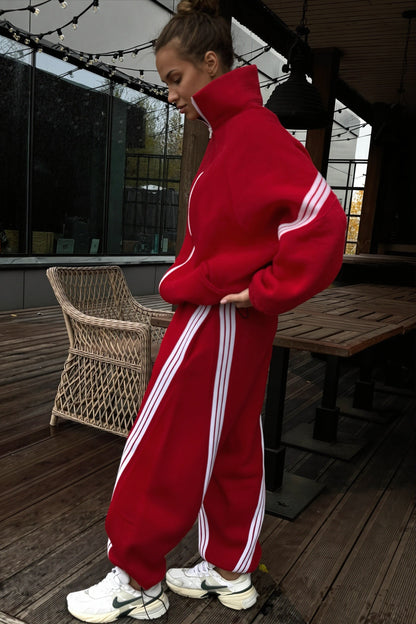 Striped Zip Jacket and Wide Leg Pants Set