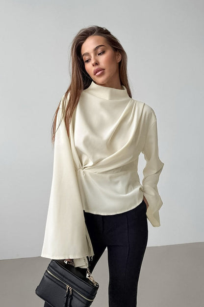 Chiffon Tie Waist Stand Collar Long Sleeve Tee