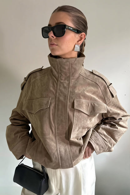 Suede Look Stand Collar Utility Bomber Jacket