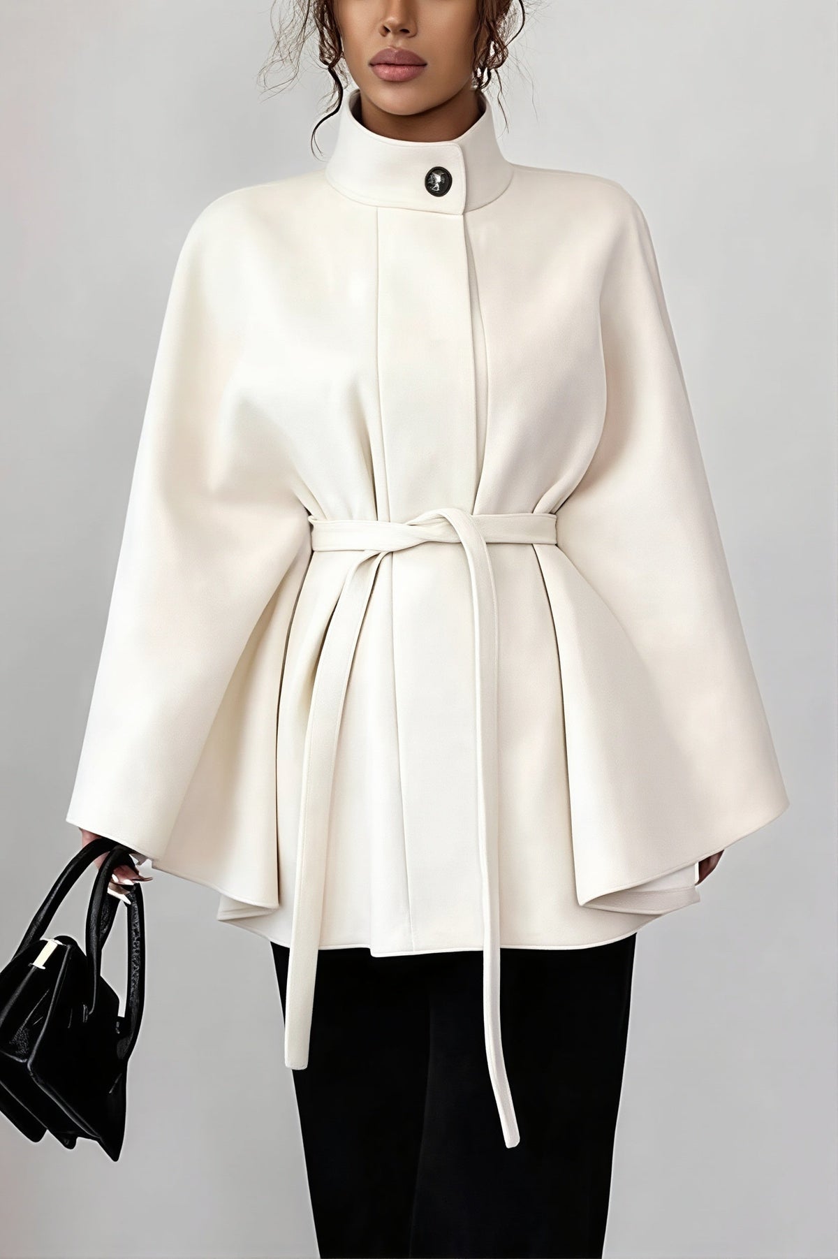 Belted Cape Sleeve Wool Look Jacket