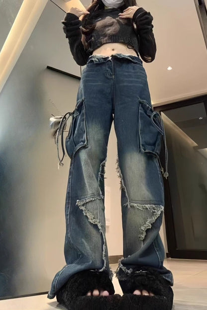 Y2K Vintage Gothic Star Pocket Straight Wide Leg Jeans