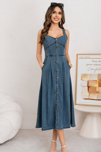 Washed Button Front Cami Denim Dress